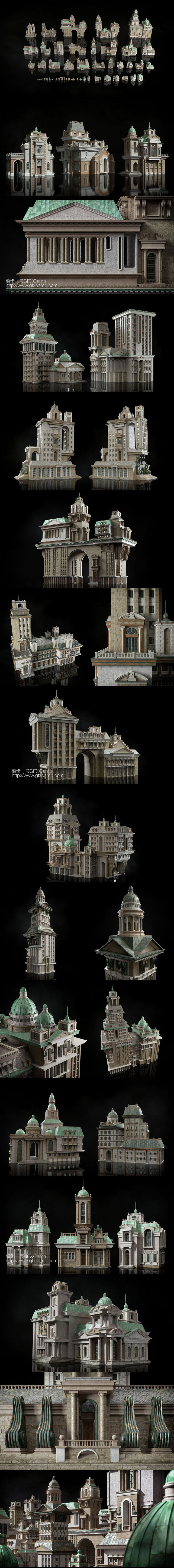 历史古典幻想城市楼房建筑3D模型 C4D/FBX/OBJ/MAX/Maya/Blender/Houdini/Unity等