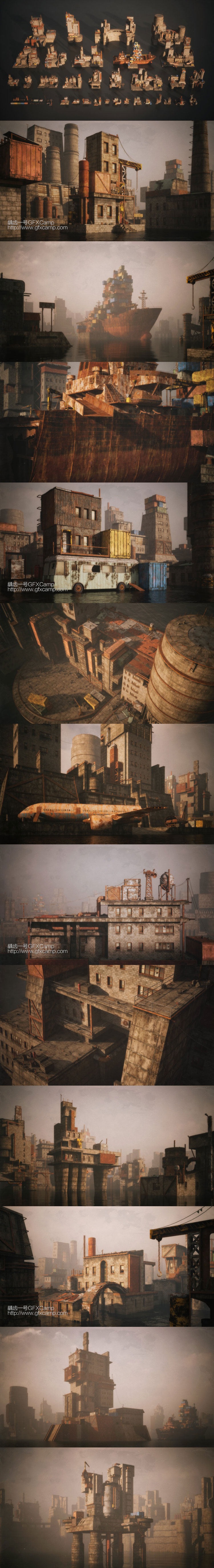 荒废旧码头工厂仓库废墟3D模型 C4D/MAX/FBX/OBJ/Maya/Blender等