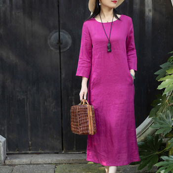 Nian jiangnan niche ການອອກແບບ linen drape dress ຂອງແມ່ຍິງສິລະປະຕະຫຼອດຄໍສາມສ່ວນສີ່ແຂນຍາວຕາຈັບໄດ້ skirt
