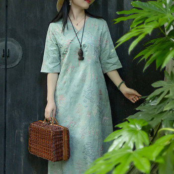 Nian jiangnan heavy industry temperament v-neck ramie embroidery niche design dress ແມ່ຍິງແບບຈີນໃຫມ່ປັບປຸງ skirt cheongsam