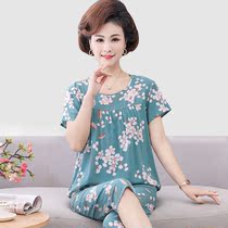 Middle-aged and elderly pajamas female summer cotton silk short sleeve Capri pants large size loose thin mother home clothes two-piece set