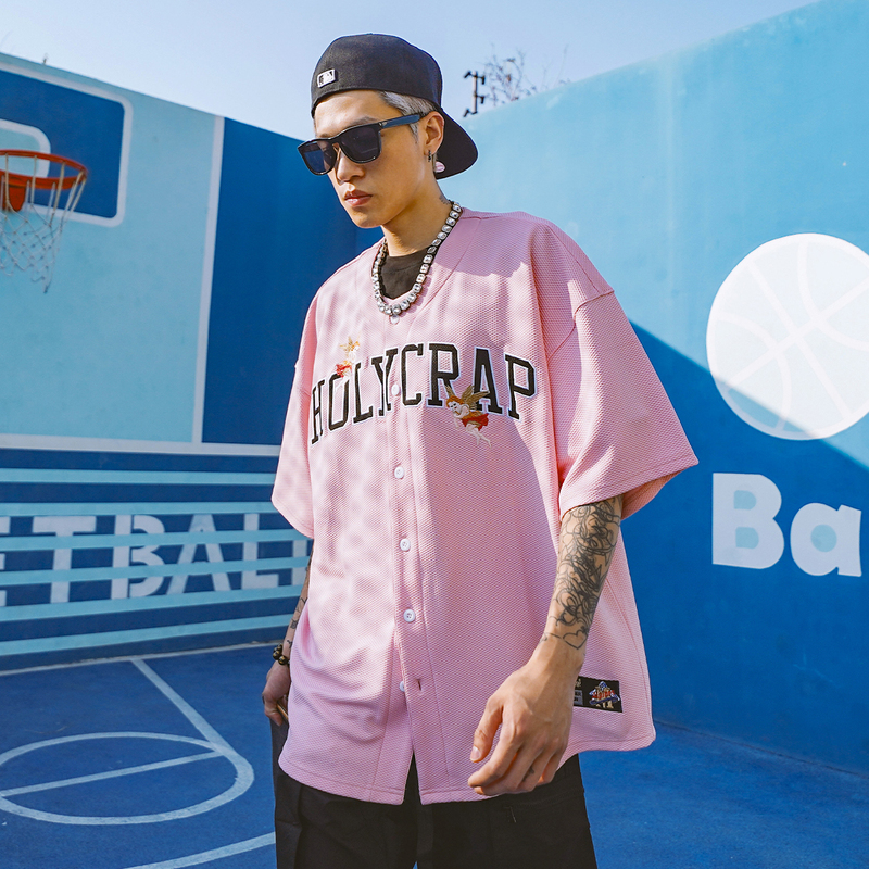 Holycrap Hip-Hop Baseball Short-Sleeve Cardigan Pink Angel Embroidery Street Loose American Style Trendy Brand T-Shirt Top