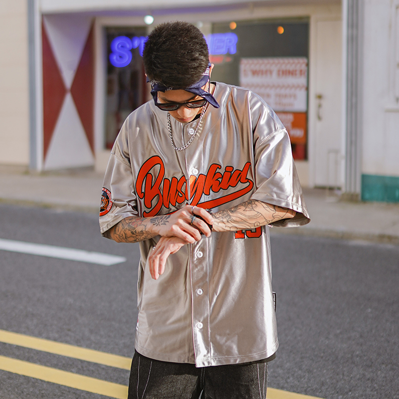 Holycrap Hip-Hop Jersey Short-Sleeve Cardigan West Coast Reflective Color-Changing Silver Hip-Hop Street Dance Baseball T-Shirt Trendy