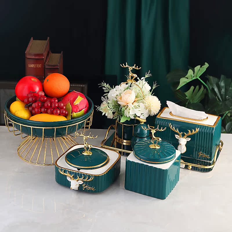 Living Room Home Tea Table Hem 4 pieces of Eurostyle Light Lavish Fruit Tray Tissue Box Tobacco Cylinder Suit Home Decoration Products