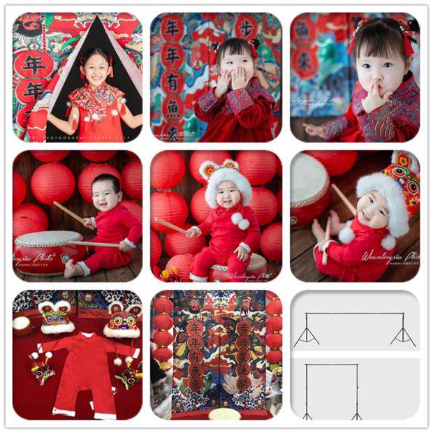 New Year theme children's photography background prop for the Spring Festival China wind network red to joint photo background cloth