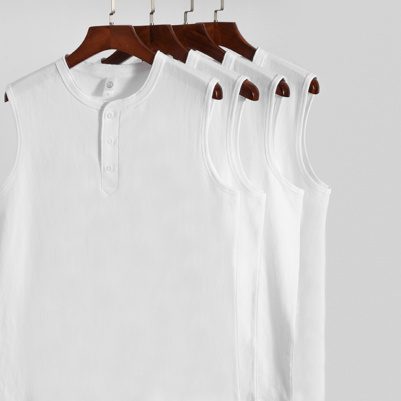 Xinjiang Cotton 250g Pure Cotton Vest Henley Shirt Heavy Cotton American Retro Henley Collar Sleeveless T-Shirt for Men and Women