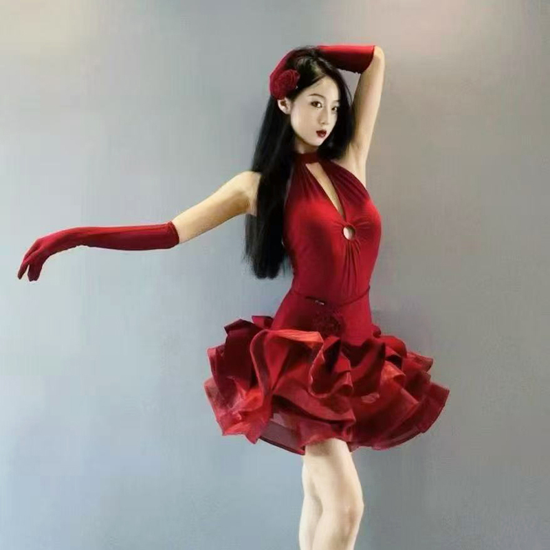 Adult Dance Costume Latin Dance Red Rose Fishbone Large Skirt White-Enhancing Fairy Outfit Gloves Performance Costume Elegant Floral Dress