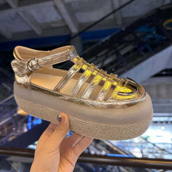 欧货亚麻果冻编织凉鞋女2024新款厚底猪龙鞋一字带增高罗马沙滩鞋