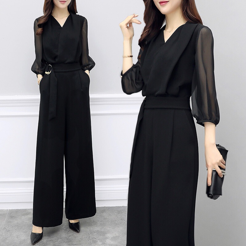 Off-Season Clearance Spring and Summer New Chiffon Jumpsuit Black Three-Quarter Sleeve Slim Fit Elegant Wide-Leg Jumpsuit Set for Women