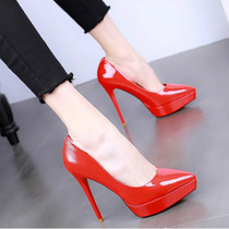 Pointed Ultra High Heels Waterproof Desk Sexy Nightclub Women Shoes Autumn Winter Lacquer Leather Single Shoes Red Wedding Shoes Fine Heel Tide 12cm