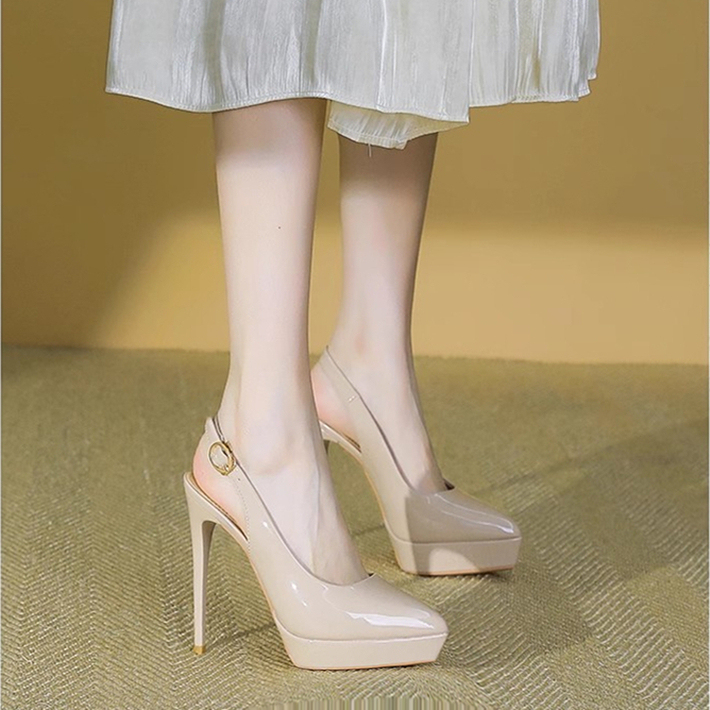 12cm Pointed Toe Ultra-High Heels with Waterproof Platform, Stiletto Heel, Ankle Strap Sandals for Women, Summer Sexy Nude Color 13cm