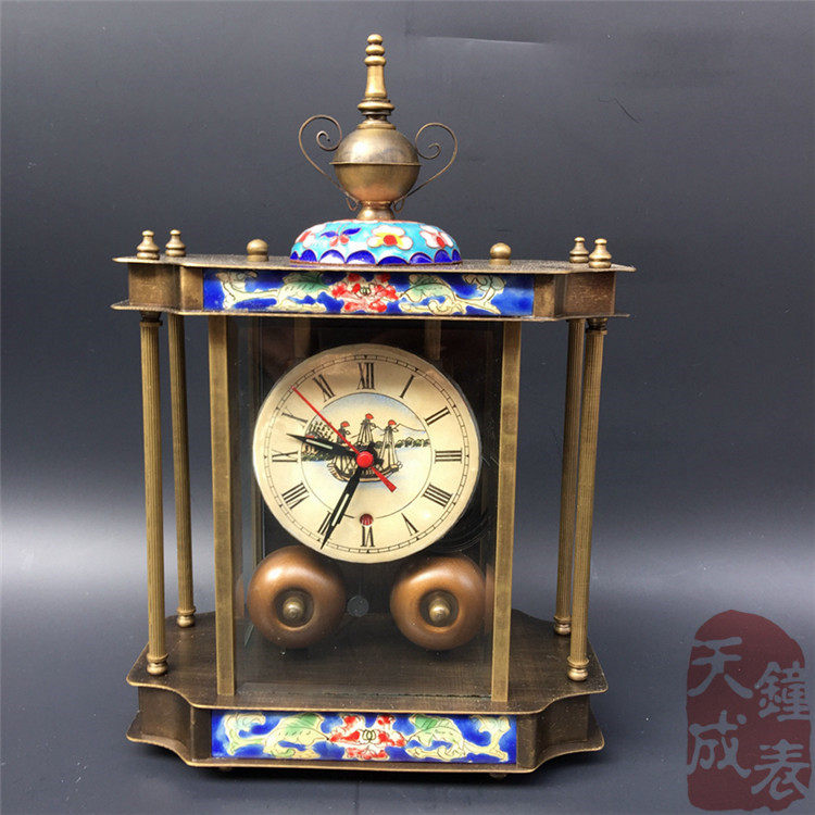 Pure copper enamel color cloisonné blue grandfather clock mechanical watch winding alarm clock Western watch film and television props collection