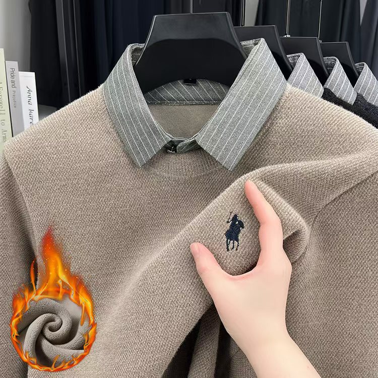 Winter New Men's Casual Two-In-One Solid Color Knit Sweater with Fleece Lining, Thickened Sweater, Warm Top, Men's Base Layer Shirt Winter New Men's Casual Two-In-One Solid Color Knit Sweater with Fleece Lining, Thickened Sweater, Warm Top, Men's Base Layer Shirt