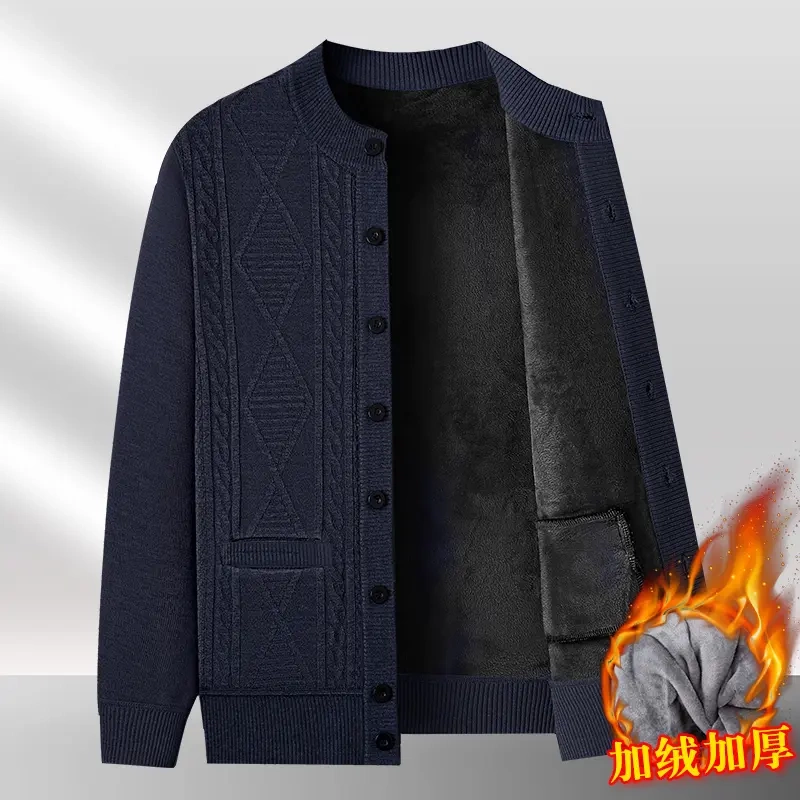 Dad's Autumn and Winter Fleece-Lined Thick Sweater Cardigan for Middle-Aged and Elderly Men, Warm Knit Jacket for Grandpa and Seniors