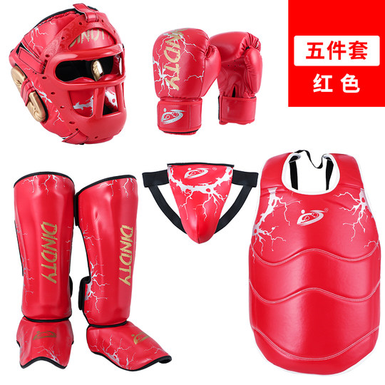 Full Set of Sanda Protective Gear for Adults and Children, Muay Thai Boxing Training Head Protection, Leg Protection, Chest Protection, Fighting Protective Gear Set