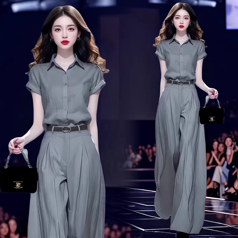 Celison Kloe Summer Stylish and Age-Reducing Slimming Suit for Women, Short-Sleeved Shirt and High-Waisted Wide-Leg Pants Two-Piece Set