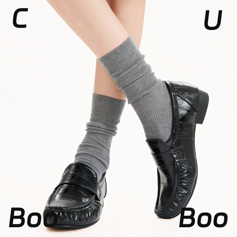 Cubooboo Autumn and Winter Silk Wool Seamless Slouch Socks for Women, Gray Warm Mid-Calf Loafers with Vertical Stripes