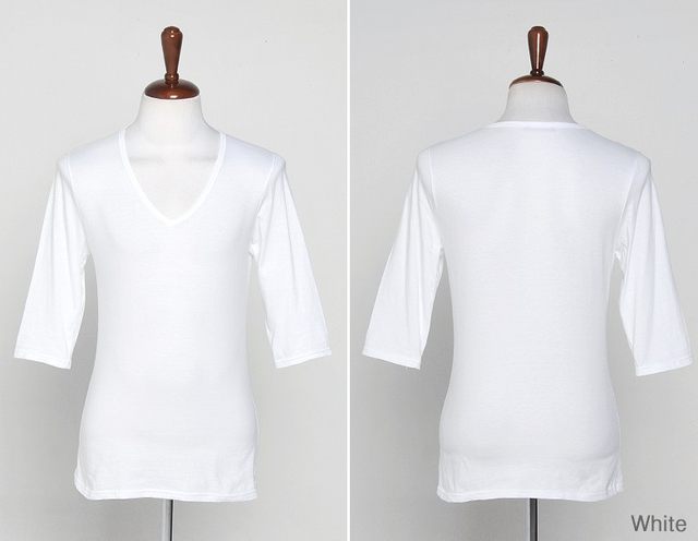 ເສື້ອຍືດແຂນຍາວແບບເກົາຫຼີສາມສ່ວນສີ່ Lycra T-shirt ເທິງຜູ້ຊາຍຄໍ V ແຂນ 7-quarter ເສື້ອທີເຊີດ slim fit pure cotton bottoming shirt trendy mid-sleeves