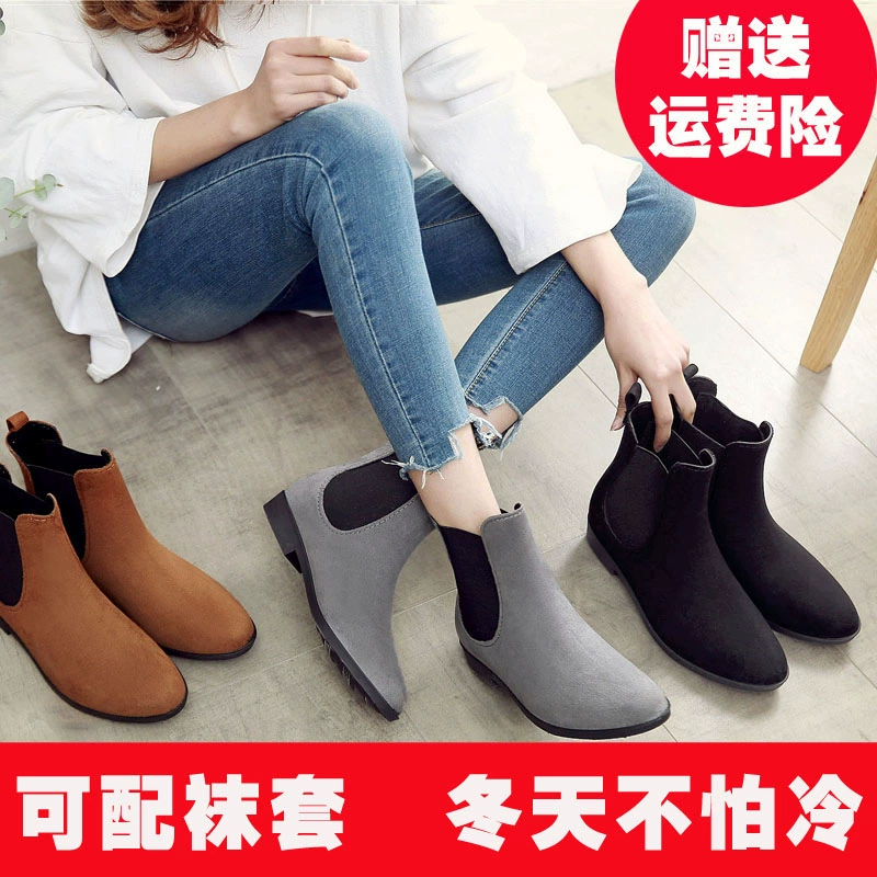 Giày mùa hè 2019 mới, giày da lộn không thấm nước, giày ống thấp và vừa, giày chống trượt nước Hàn Quốc cộng với vải nhung ấm áp cho nữ - Rainshoes