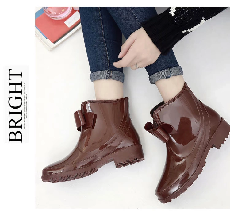 Thời trang giày đi mưa nữ nơ Hàn Quốc dành cho người lớn Giày ống nước ngắn cộng với nhung chống trượt ấm áp giày cao su cho sinh viên