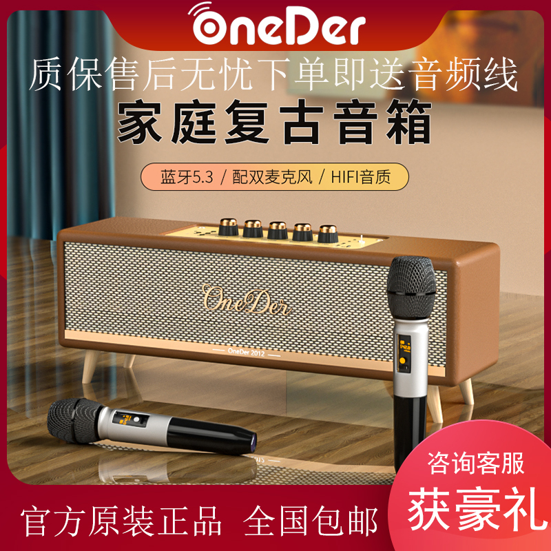 Huida D8 Retro Bluetooth Speaker with Dual Microphones for Karaoke, All-In-One Home Use, Convenient, Adjustable Bass, Leather Speaker