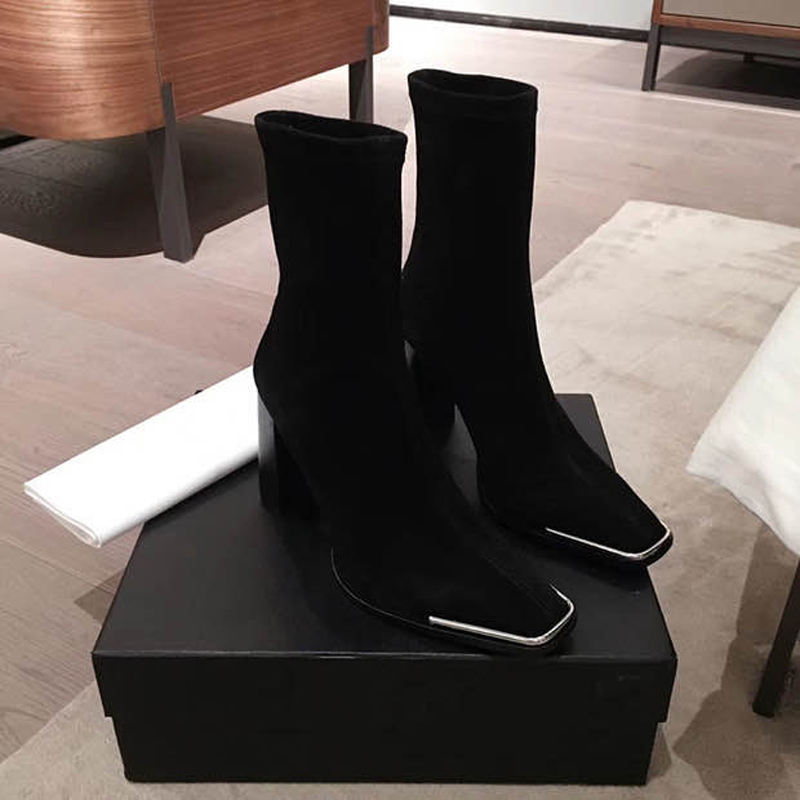 Kendall Jenner Style Square Toe Chunky Heel Martin Boots for Women, Slimming Ankle Boots, Autumn and Winter Sexy Suede Mid-Calf Elastic High Heel Short Boots