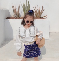 2022 Spring Autumn New Childrens Temperament Small Fresh Embroidery Turnover Shirt Girl Baby Foreign Air 100 Hitch Blouse