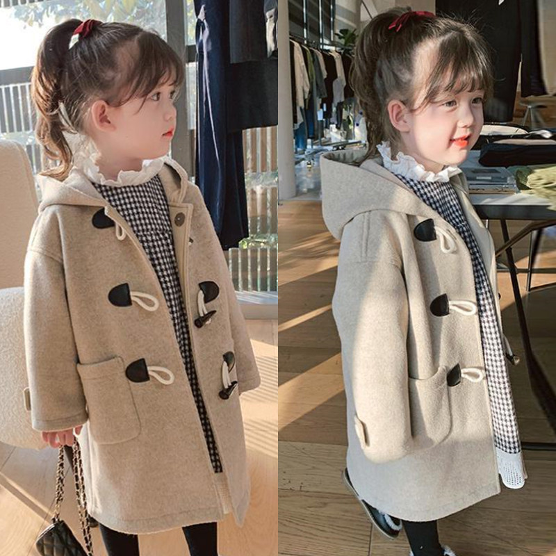 Girl's wool jacket buffalo horn buttoned foreign pie Son Coat 2022 Autumn Winter New Thickened Warm Coat Children Clothing
