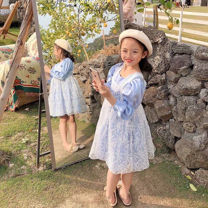 Girl Lolita dress early autumn two-piece set of Western-style satin Korean version of the Western-style sweet princess puff sleeve skirt