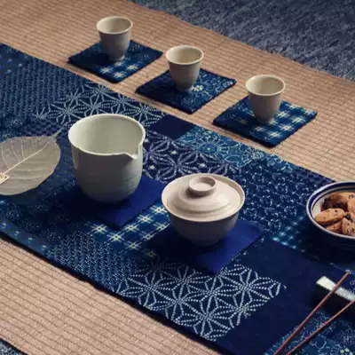 Blue red cotton linen printed tea mat fabric table flag tea cloth tea cup mat Zen Chinese retro National style
