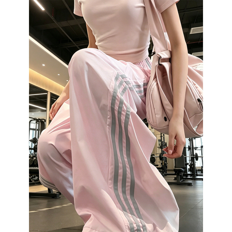 Jeep Pink Three-Stripe Sports Pants for Women, Summer Petite Fitness Quick-Dry Pants, Loose Wide-Leg Sun Protection Pants