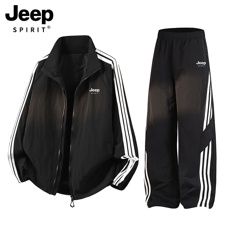 Jeep Striped Black Sportswear Suit for Women 2026 New Autumn Thin Outdoor Quick-Drying Casual Loose Two-Piece Set