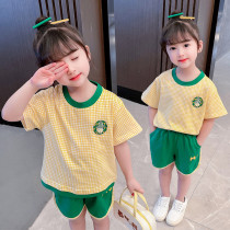 Kids Cartoon Set 2022 Summer New Fashion Sporty Personality Cute Little Yellow Plaid T Green Pants Two Piece Set