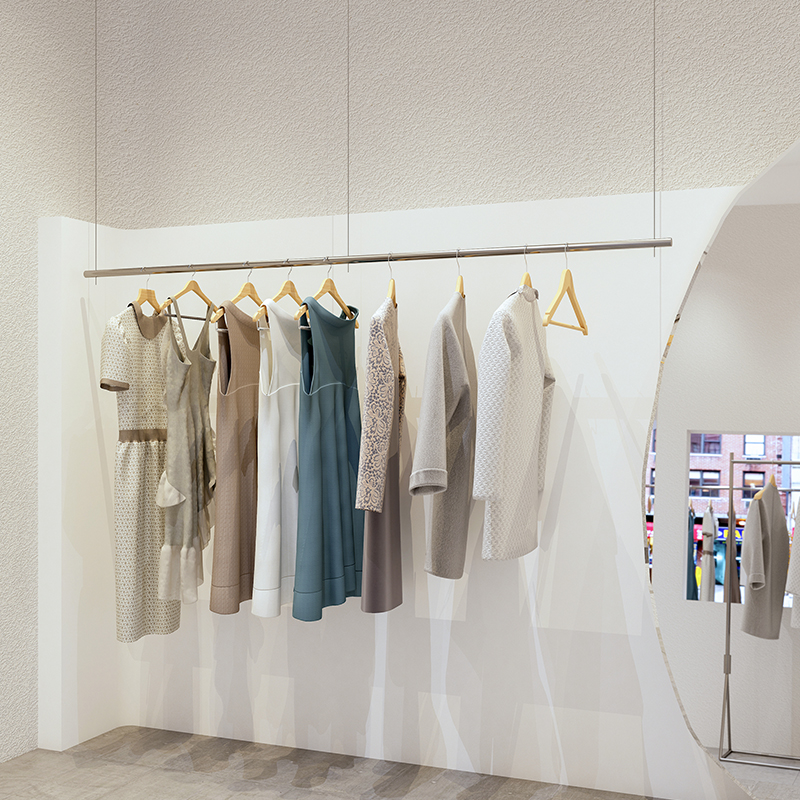 Fashion high-end silver clothing store display rack women's hanging ceiling hanging hanger on the wall Stainless steel hanger hanging rod