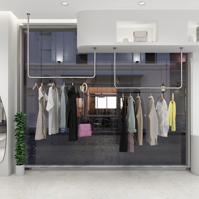 Clothing store display rack Silver hanging ceiling Stainless steel hanging display rack Hanger hanger upper wall hanging ring Women's clothing shelf