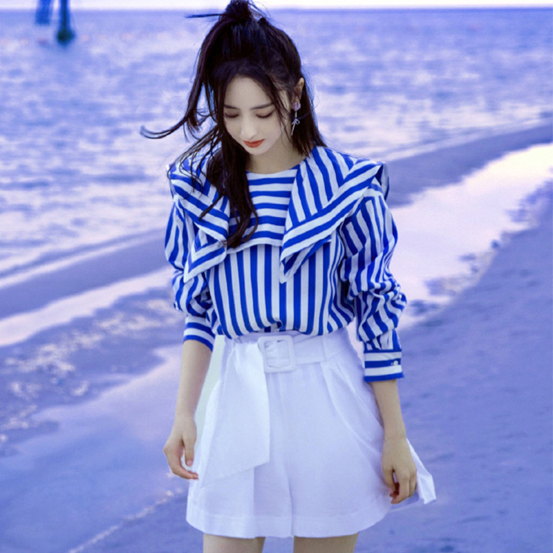 Tong Liya's Sweet Shirt, Celebrity Style, Casual Navy Collar, Blue and White Striped, Spring and Autumn Design, High-Quality Women's Top