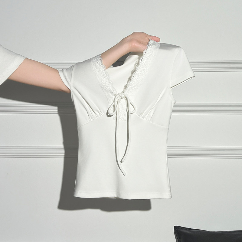 White V-Neck Lace Trim Tie-Up Ruched Waist Slim-Fit Slimming T-Shirt, Beautiful Summer Short-Sleeve Top for Women