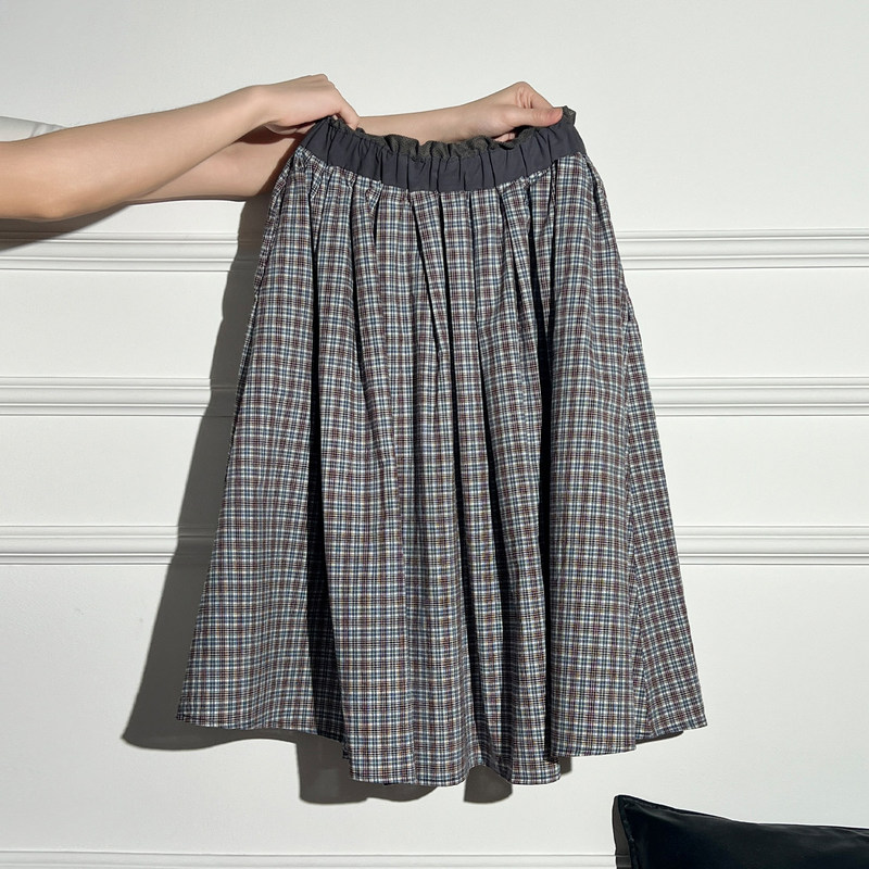 La Chapelle Retro Plaid Elastic Waist Skirt for Women Summer New High-Waisted Slimming A-Line Midi Skirt with Lining