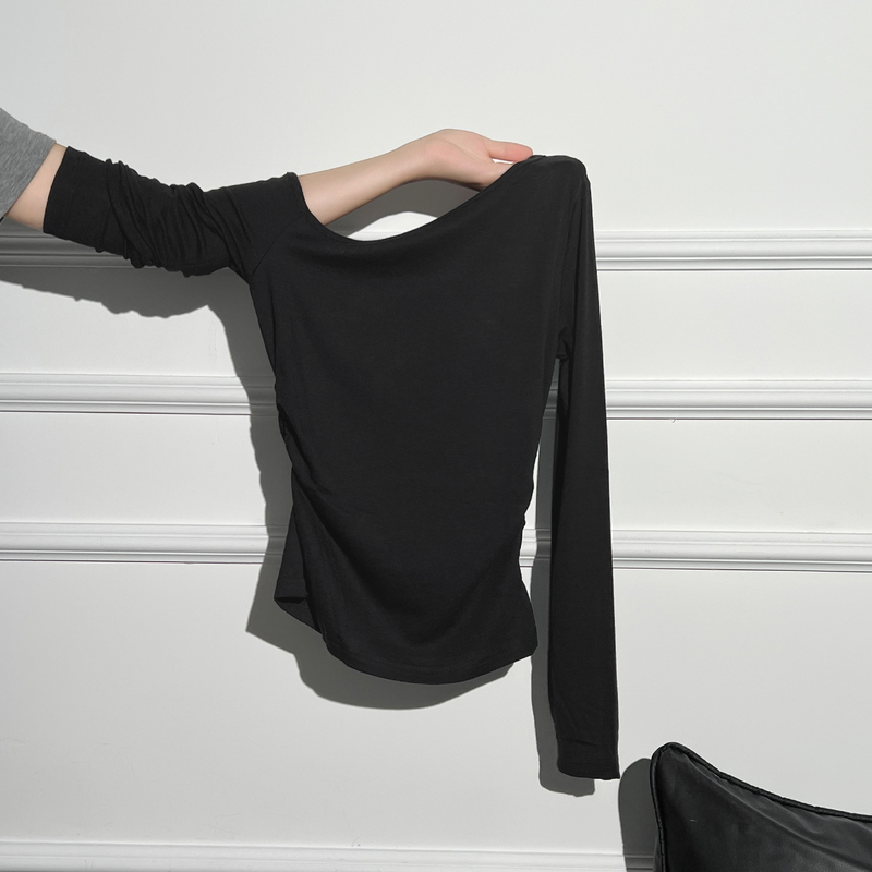 2026 New Black Off-Shoulder Long-Sleeve T-Shirt for Women, Trendy One-Line Waist-Cinching Base Shirt Top for Early Autumn 2026 New Black Off-Shoulder Long-Sleeve T-Shirt for Women, Trendy One-Line Waist-Cinching Base Shirt Top for Early Autumn