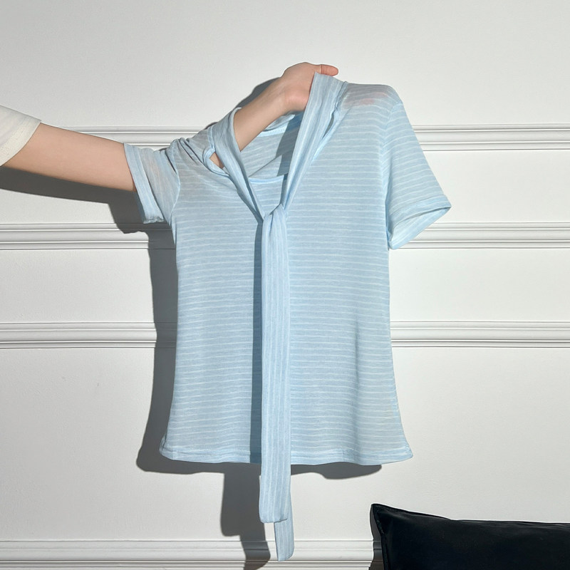 La Chapelle Navy Blue Striped Slim-Fit T-Shirt with Shoulder Straps, Summer Style Short-Sleeve Top for Women