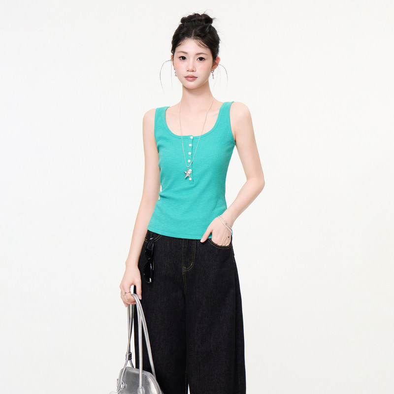 Dopamine Green Racerback U-Neck Tank Top for Women, Summer Slim Fit Versatile Inner Wear Top