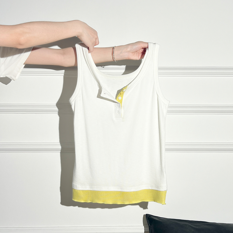 La Chapelle White Color-Blocked Henley Collar Camisole Summer Sleeveless Slim-Fit Flattering Backless Outerwear Top for Women