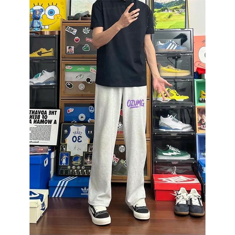 Spring and Autumn Trendy Gray Sports Printed Sweatpants for Men, Youth Trendy Breathable Straight-Leg Pants, Student Basketball Sports Casual Pants