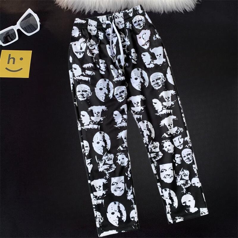 American Retro Style Skull Print Straight-Leg Pants for Men, Spring and Autumn Street Style Loose Sports Basketball Casual Sweatpants