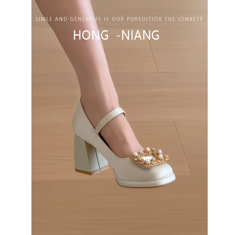 French-Style Square Buckle Mary Jane Shoes for Women, Chunky Heel, Round Toe, Comfortable High Heels, Dual-Purpose Wedding Shoes, Bridal Shoes