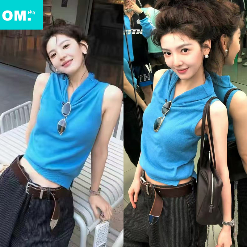 Zhang Ruonan's Same Style Icelandic Blue Draped Half-High Collar Sleeveless Knitted Vest Outerwear for Women Summer Zhang Ruonan's Same Style Icelandic Blue Draped Half-High Collar Sleeveless Knitted Vest Outerwear for Women Summer