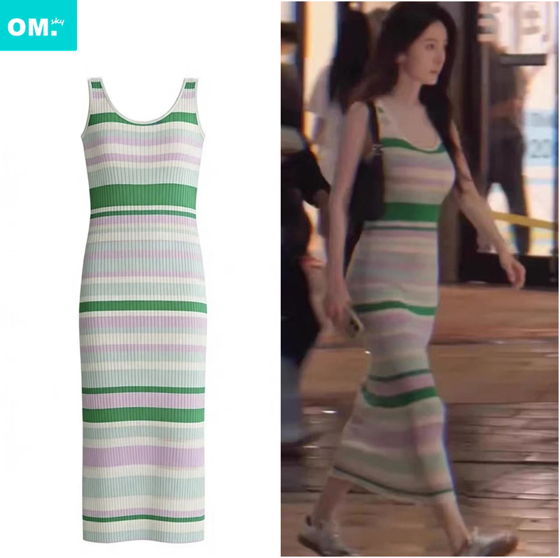 Silent Awakening: Yang Mi's Same Style Green and White Sleeveless Patchwork Striped Knit Dress Women's Mid-Length Dress 2026 Summer Silent Awakening: Yang Mi's Same Style Green and White Sleeveless Patchwork Striped Knit Dress Women's Mid-Length Dress 2026 Summer