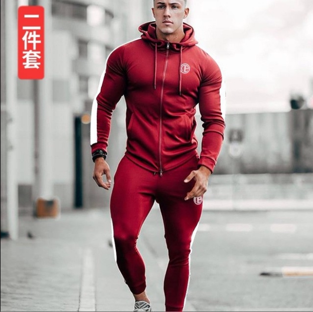 Muscle Type Men's Autumn Winter New Sports Fitness Suit Casual Long Sleeve Running Tandem Hat Sleeve Head Casual Blouse Training Suit