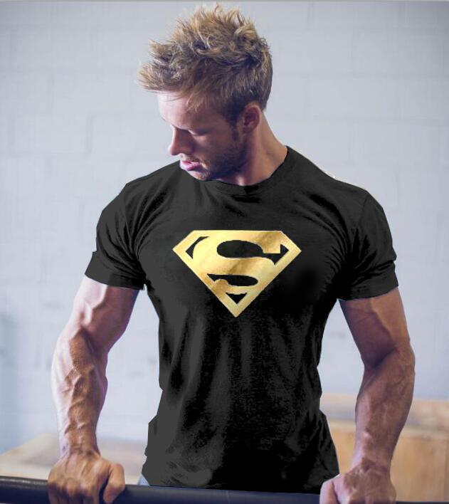 Cross-Border Men's Fitness Superhero T-Shirt with Gold Foil Round Neck Pure Cotton Short Sleeves