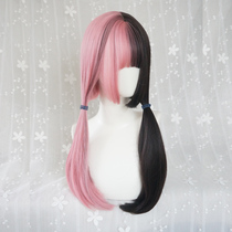 Water dance yin and yang head wig lolita lolita Gothic original brown and black powder two-color long straight hair set
